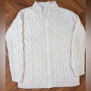 Handmade Wool Cable Knit Zip Cardigan Fisherman Sweater Cream Cottagecore